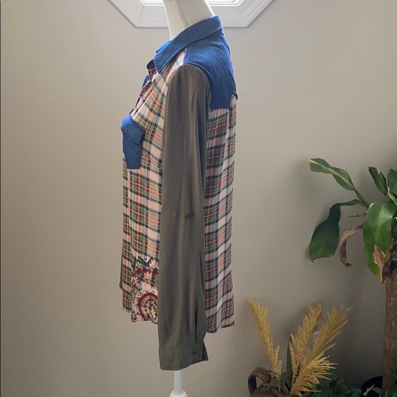 Desigual Embroidered Plaid & Denim Button Up Shirt - Picture 4 of 8